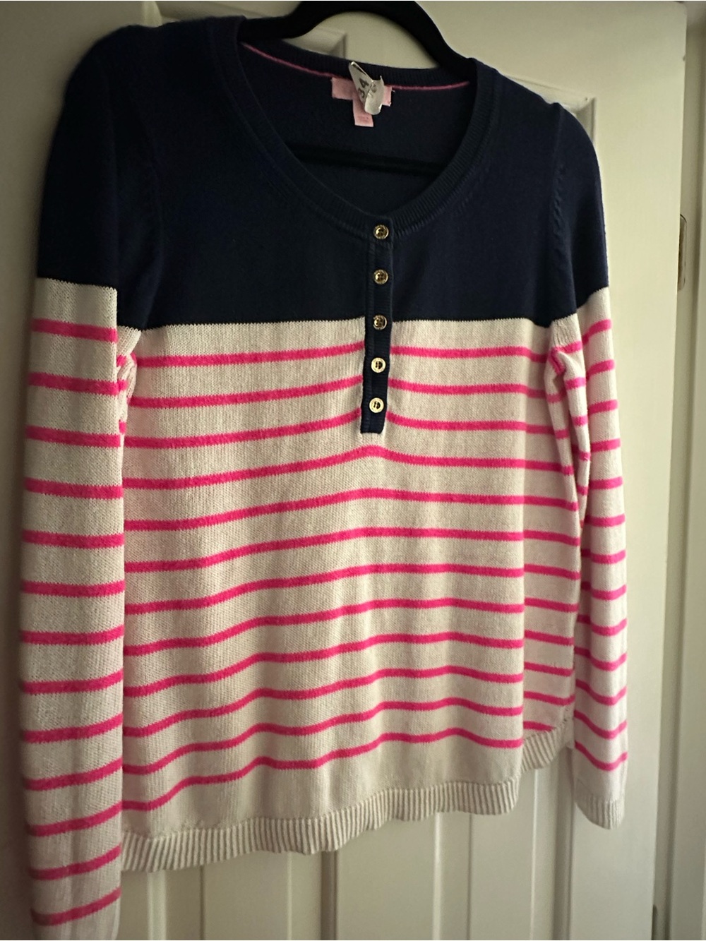 Lilly Pulitzer Navy, White & Hot Pink Striped Crewneck Sweater